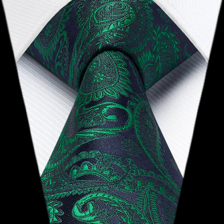 Hisdern Green Navy Blue Paisley Tie Set For Groomsmen