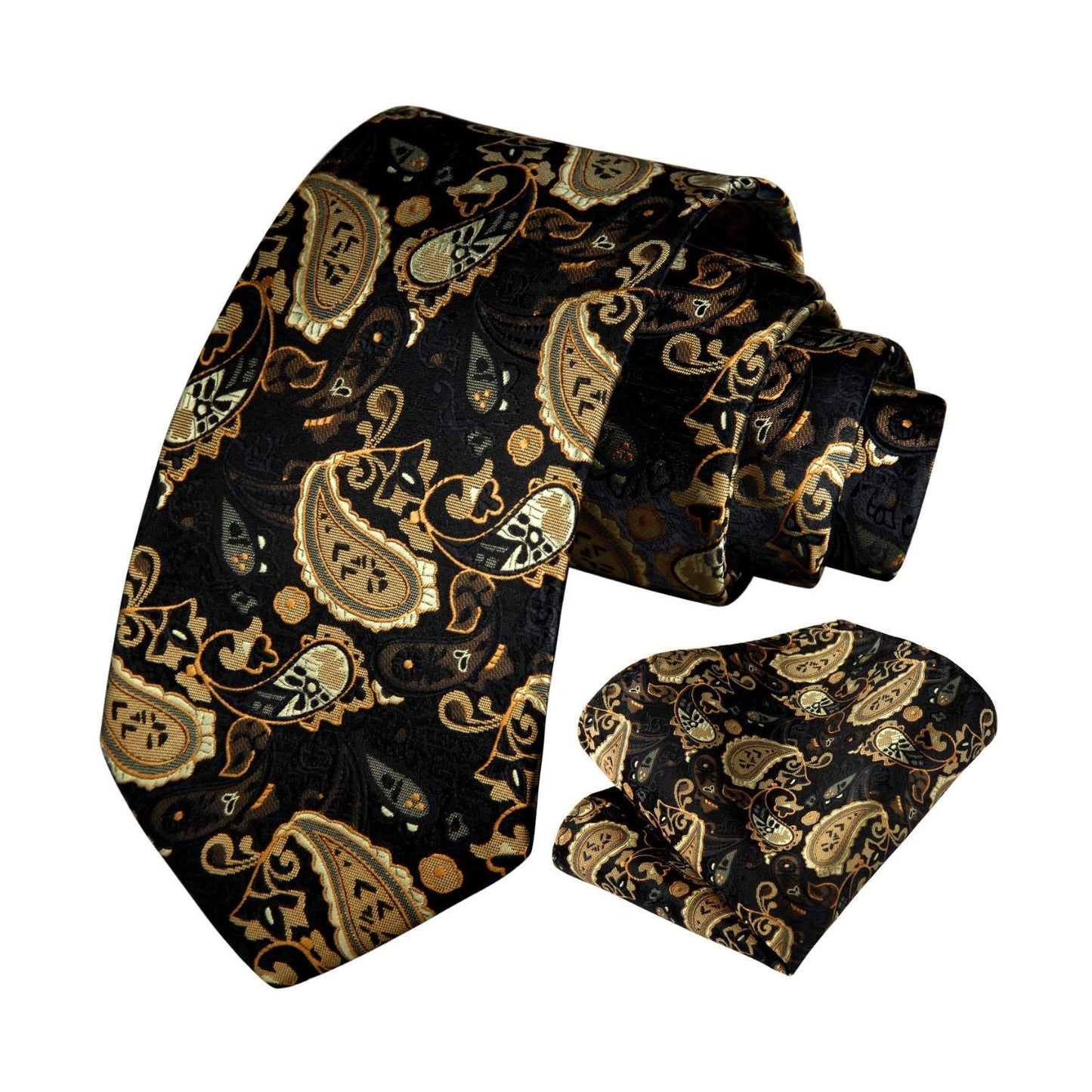 Hisdern Gold Black Paisley Tie Set For Groomsmen