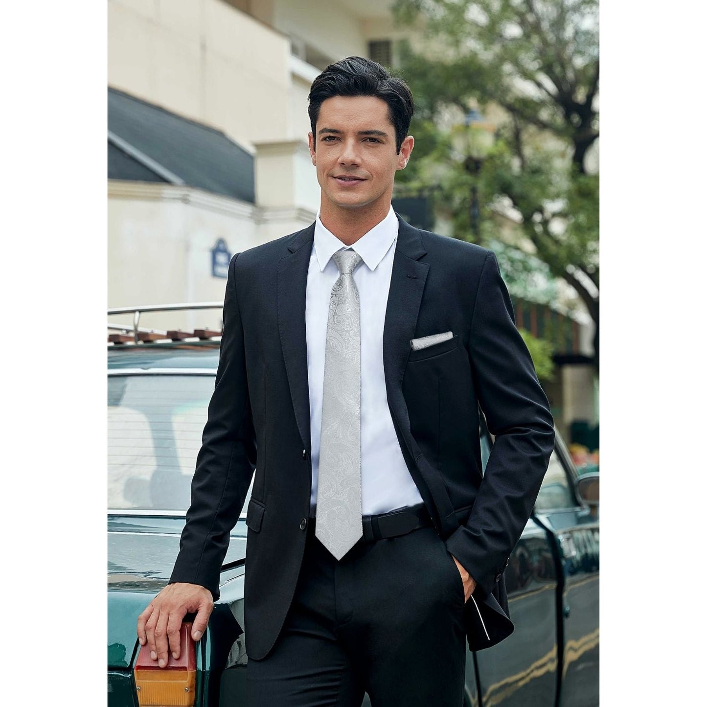Hisdern Sliver Paisley Tie Set For Groomsmen