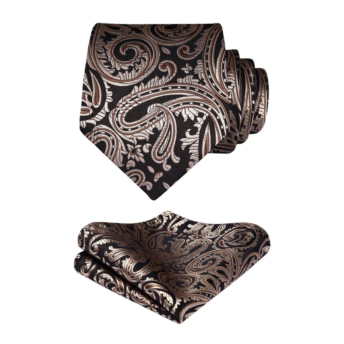 Hisdern Black Brown Paisley Tie Set For Formal Wear