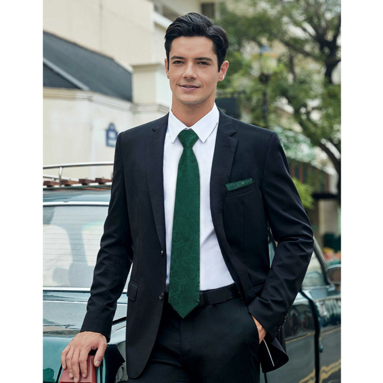 Hisdern Dark Green Paisley Tie Set For Formal Wear