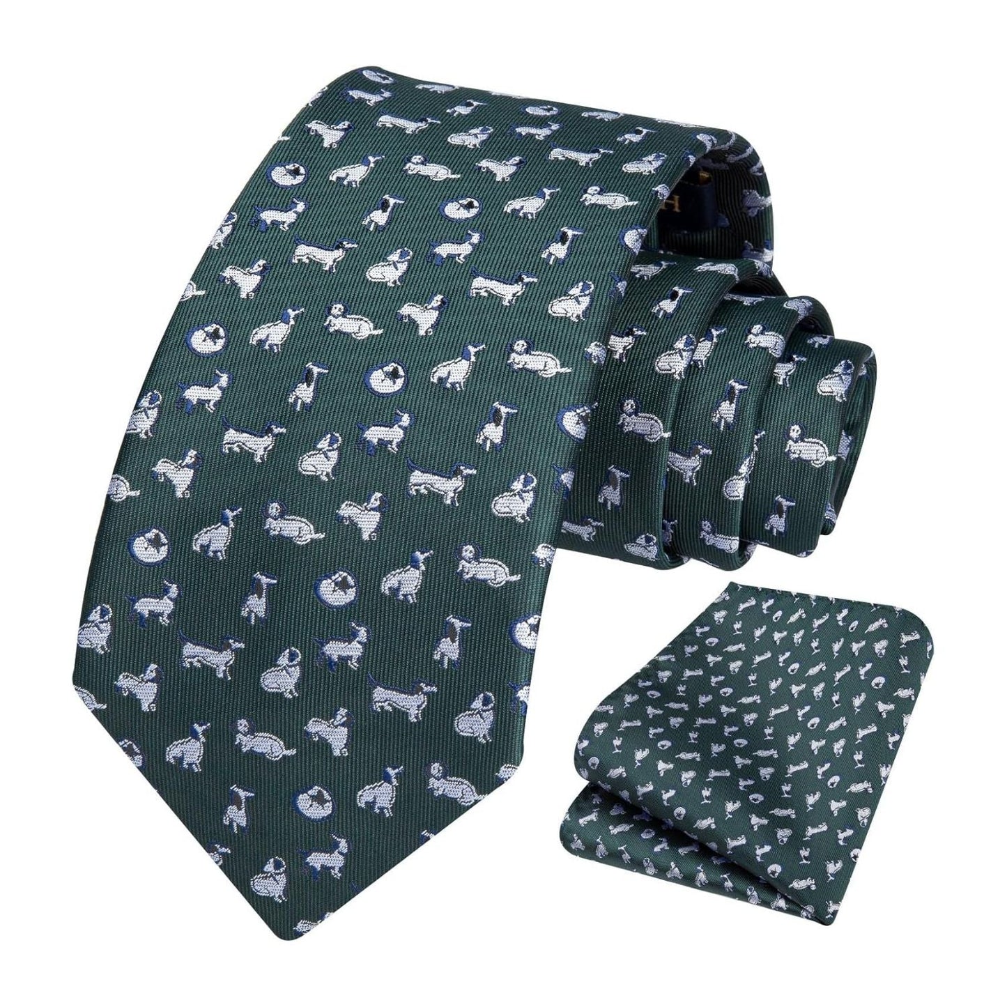Hisdern Green White Dog Print Men's Suit Tie Set