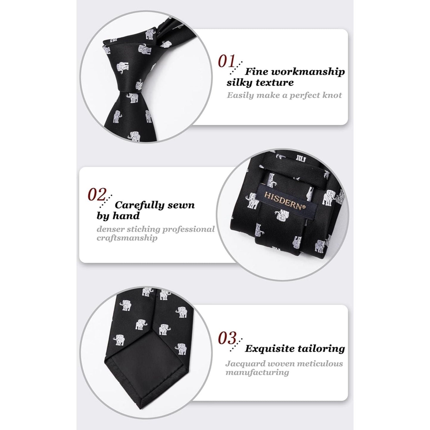 Hisdern Black White Elephant Cute Print Pattern Tie Set