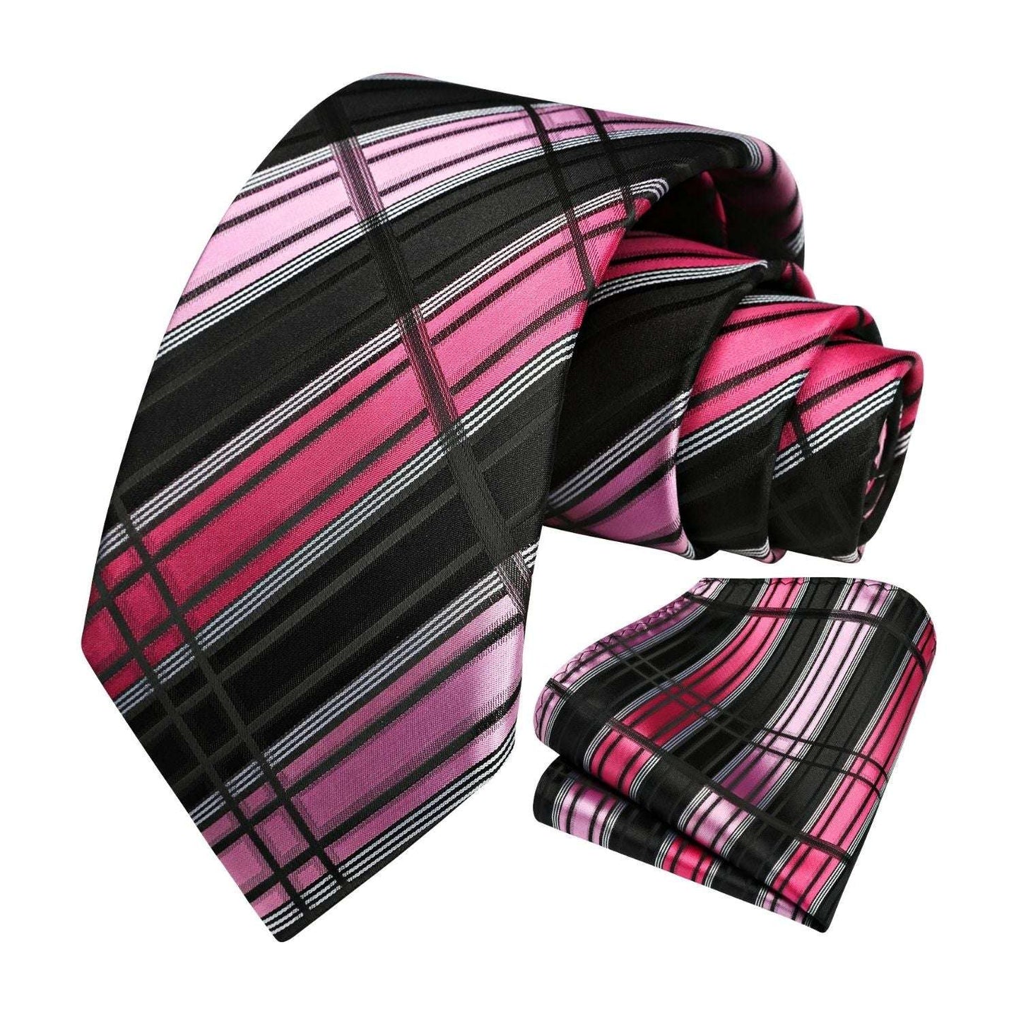 Hisdern Black Pink Plaid Tie Set For Groomsmen
