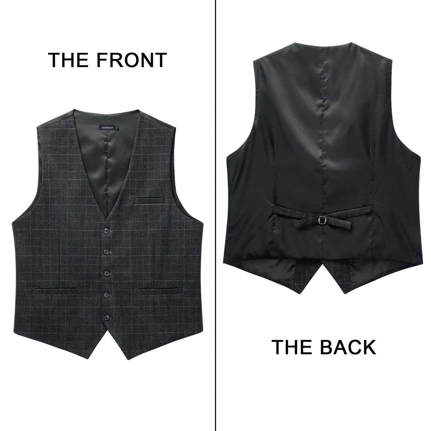 Hisdern Men's Charcoal Grey Plaid Wedding Vest For Skinny Guys