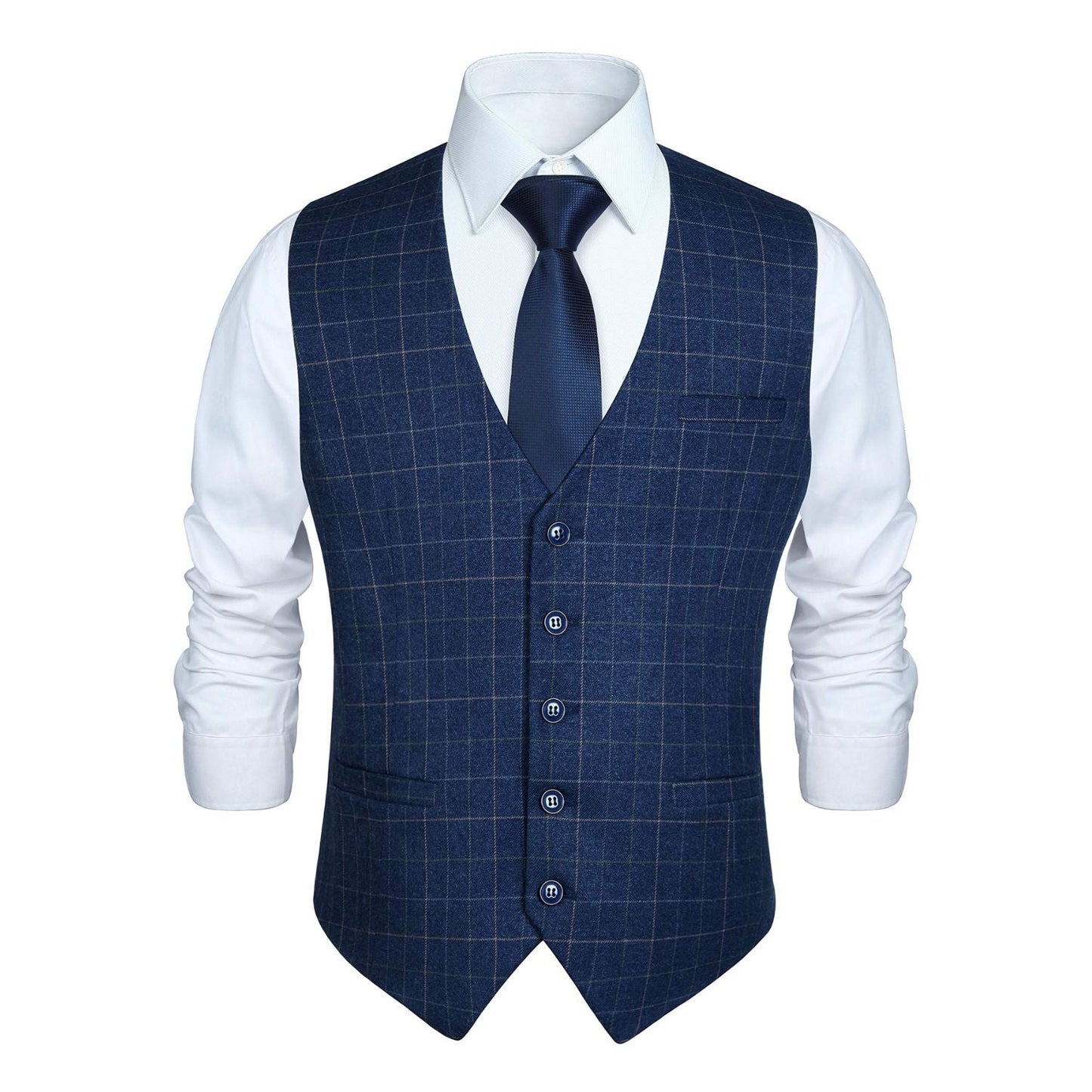 Hisdern Men's Blue Plaid Wedding Vest For Skinny Guys