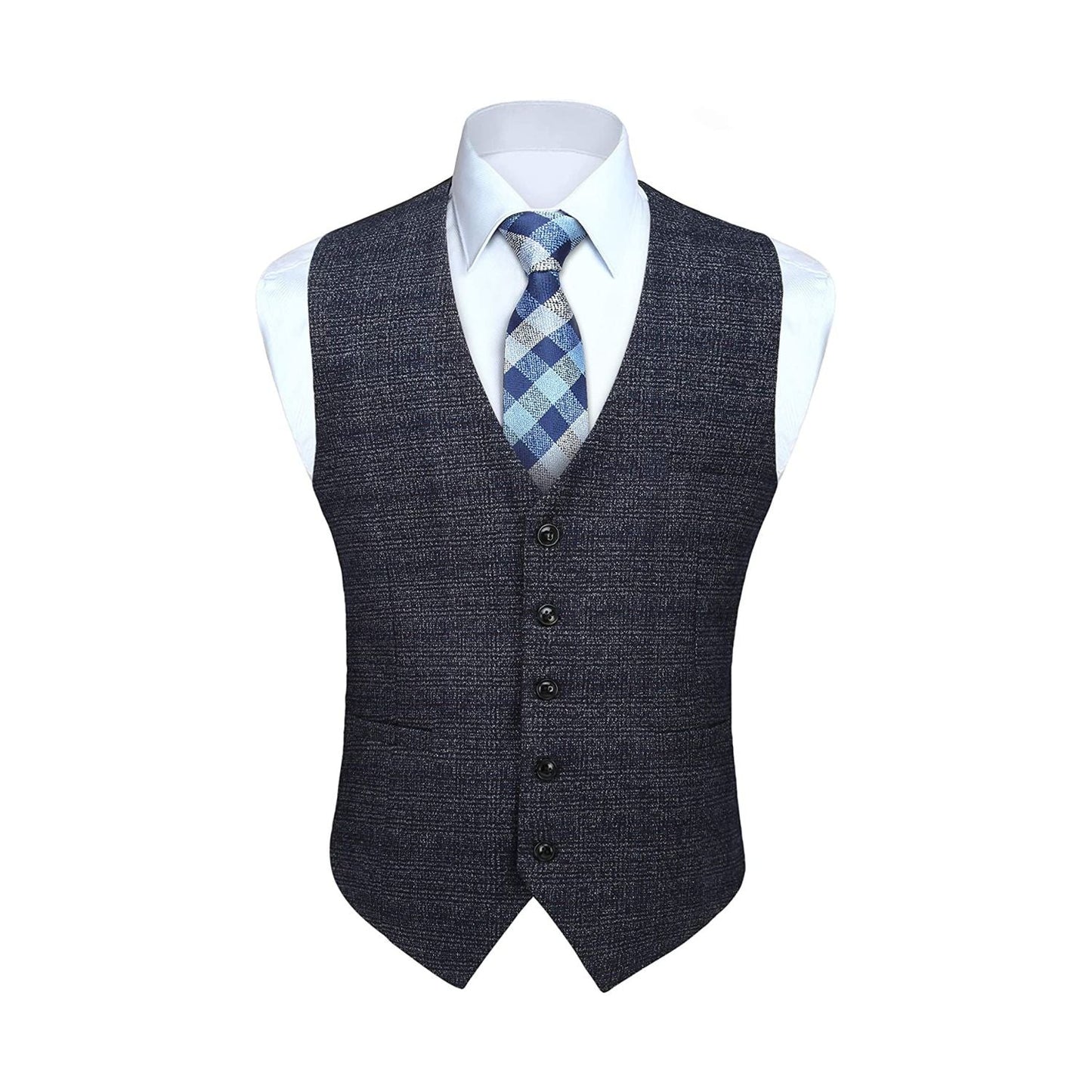 Hisdern Men's Navy Blue Plaid Slim Suit Vest Formal Wear