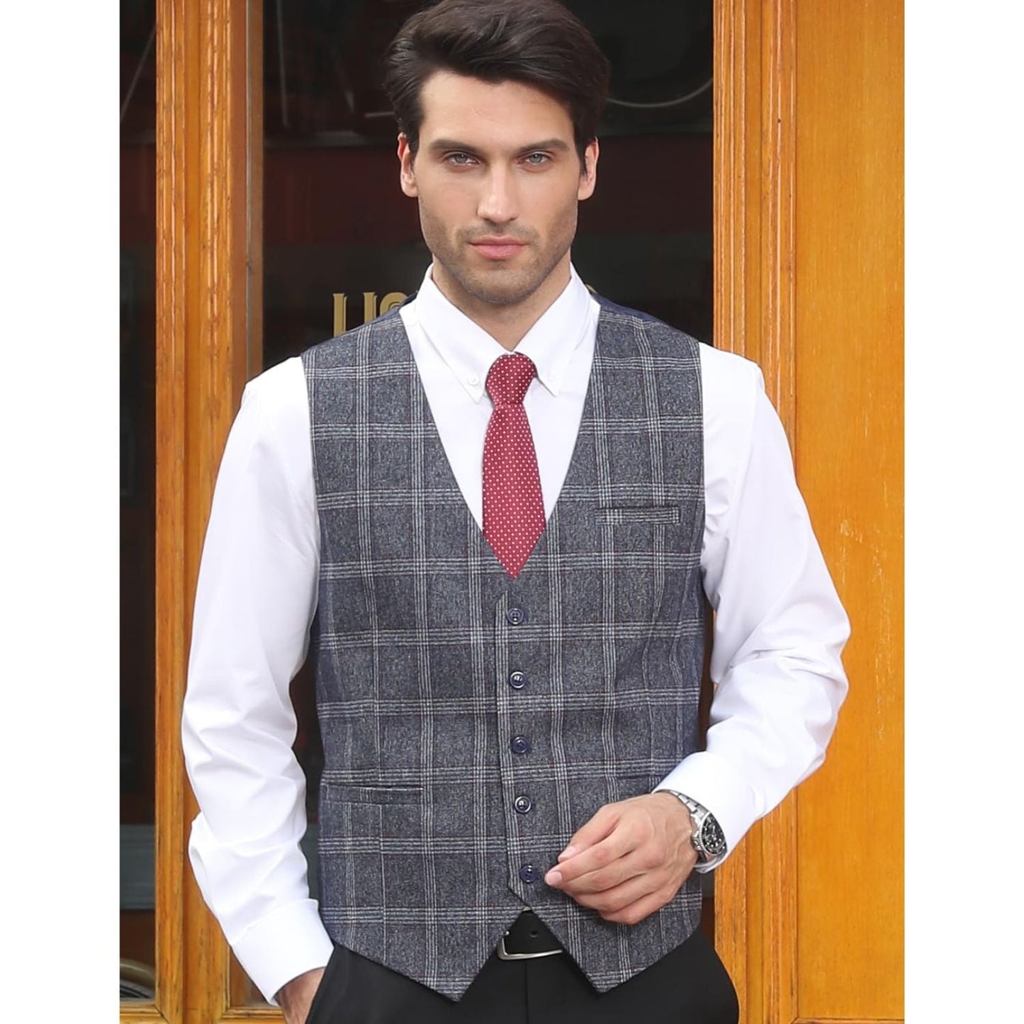 Hisdern Men's Blue Grey Plaid Wedding Vest For Skinny Guys