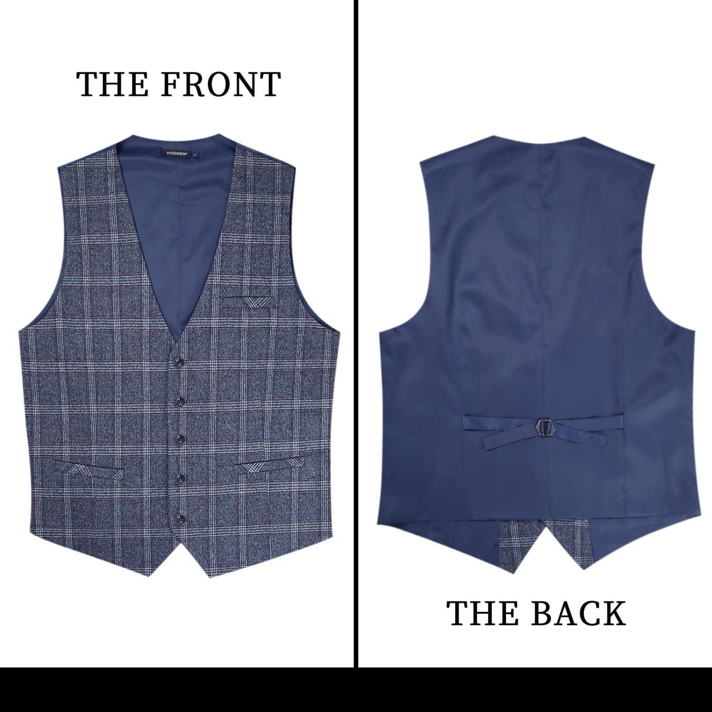 Hisdern Men's Blue Grey Plaid Wedding Vest For Skinny Guys