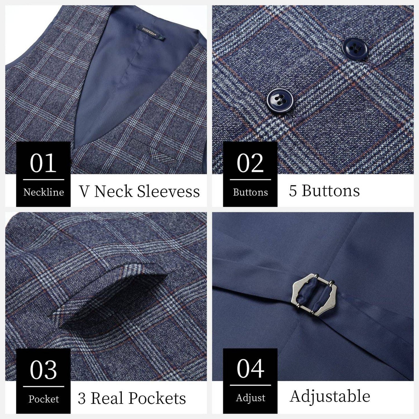 Hisdern Men's Blue Grey Plaid Wedding Vest For Skinny Guys