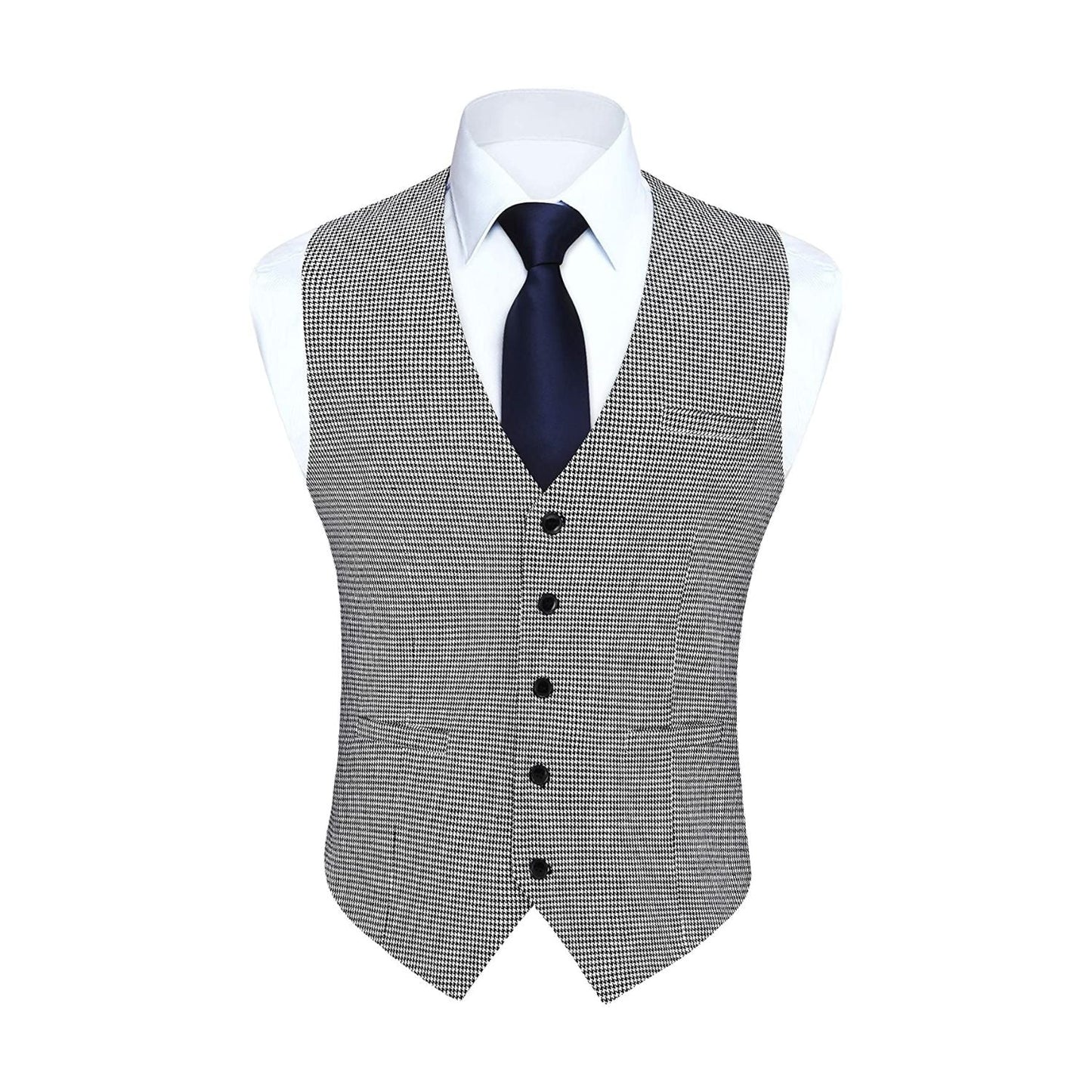 Hisdern Men's Grey Houndstooth Wedding Vest For Skinny Guys