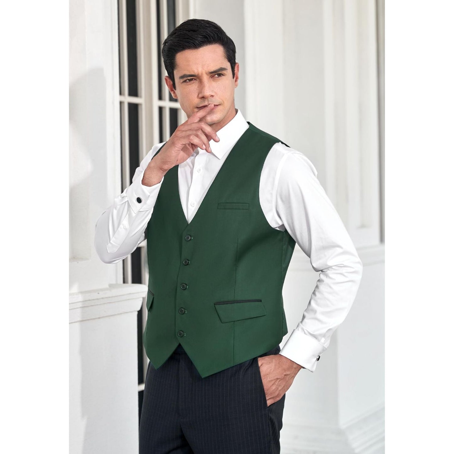 Hisdern Men's Verde Satin Suit Vest Formal Wear