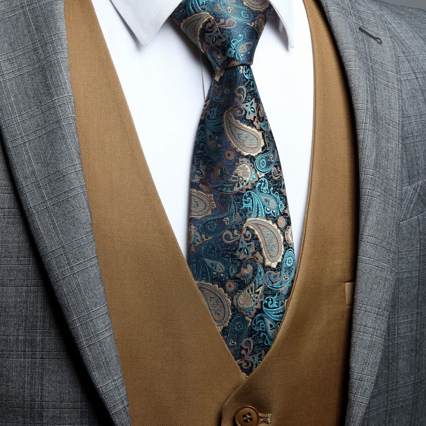 Hisdern Men's Khaki Satin Suit Vest Formal Wear