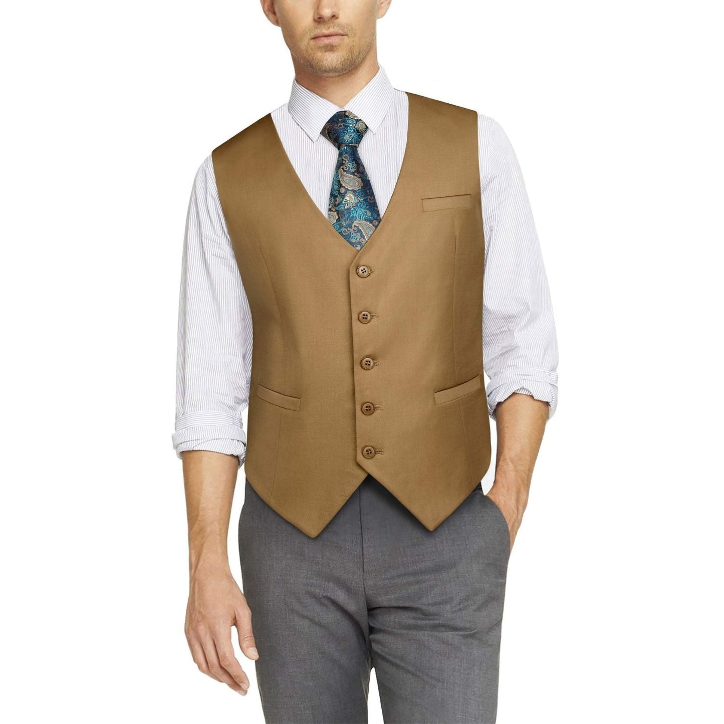 Hisdern Men's Khaki Satin Suit Vest Formal Wear