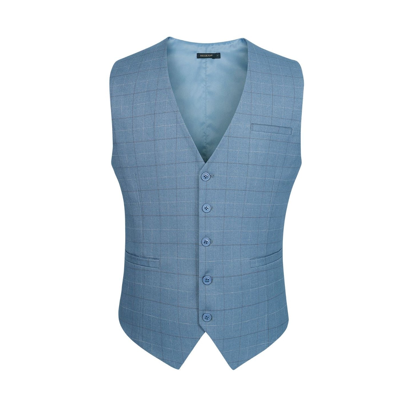 Hisdern Men's Sky Blue Plaid Slim Suit Vest Formal Wear