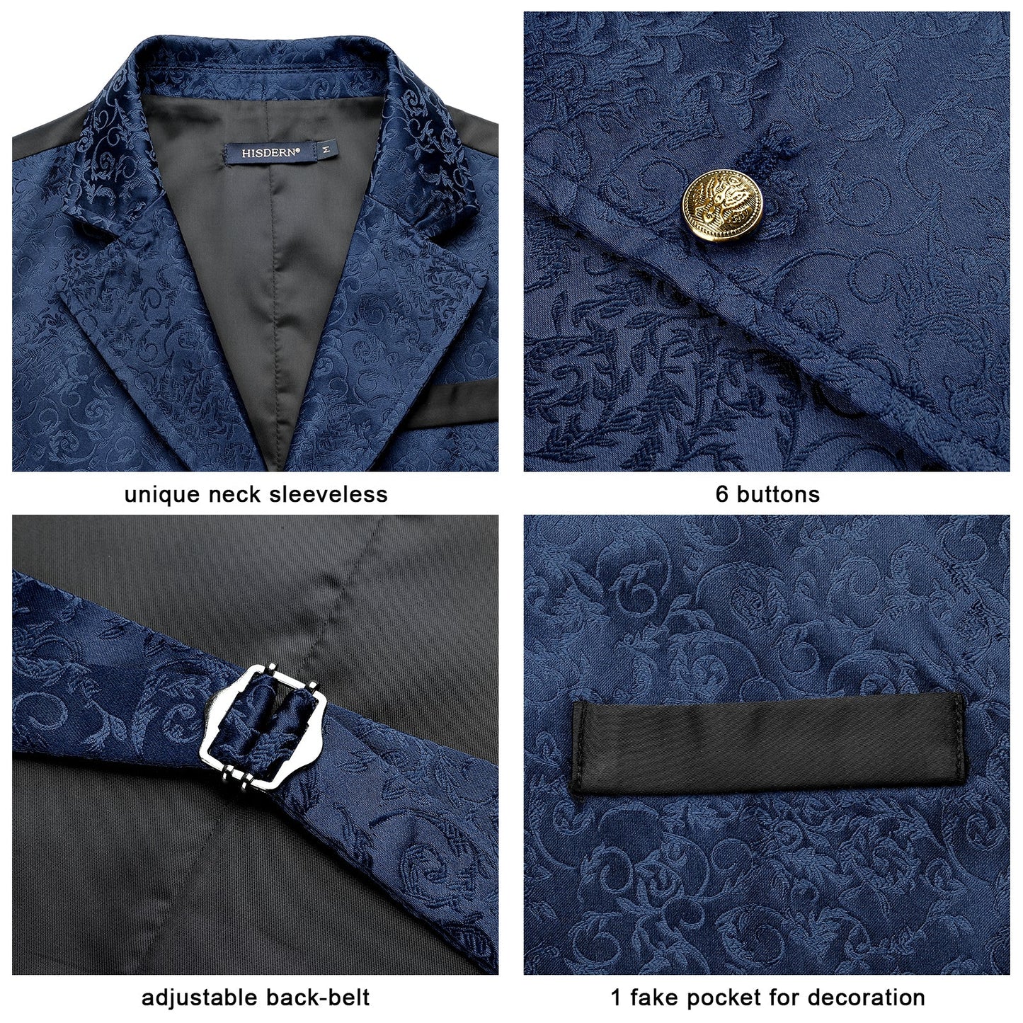 Hisdern Gothic Men's Formal Vest Navy Blue Lapel Party Coat