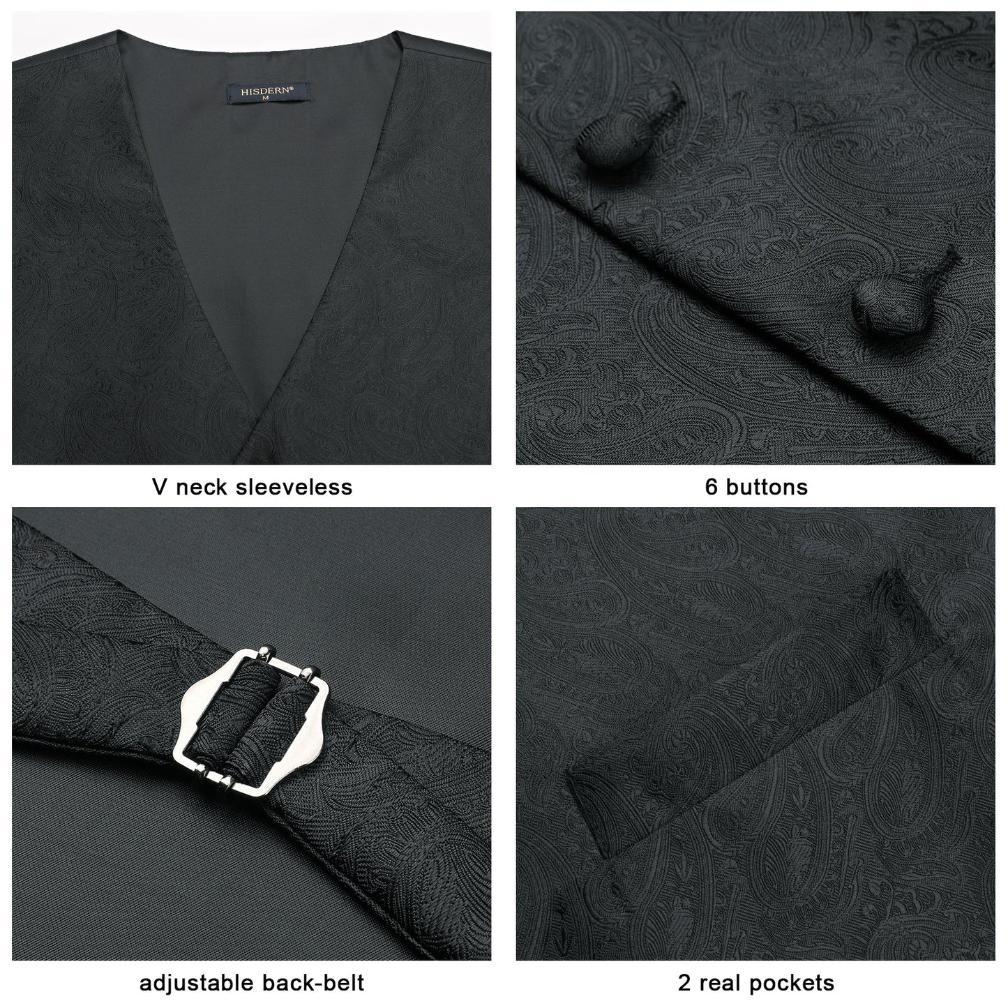 Hisdern Men's Black Paisley Vest Tie Set For Weddings Anniversary