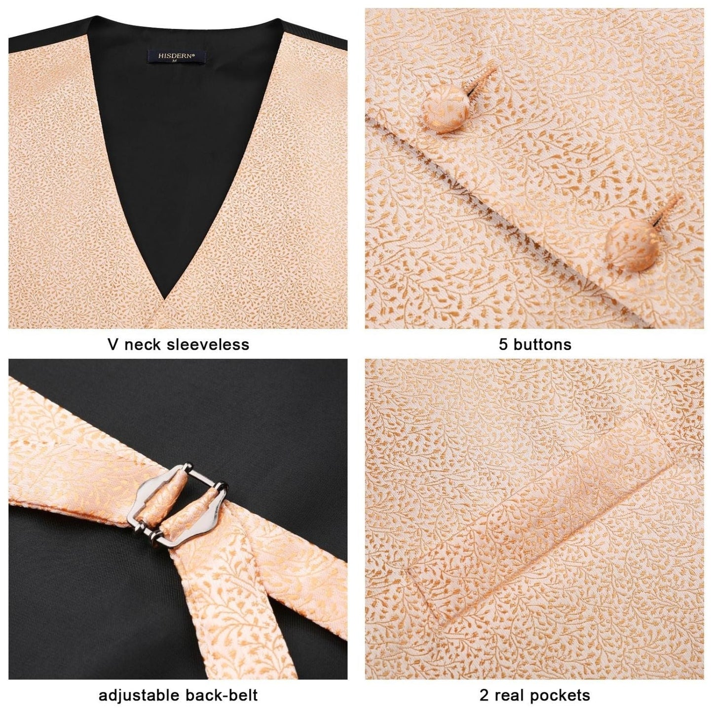 Hisdern Men's Champagne Floral Vest Tie Set For Weddings