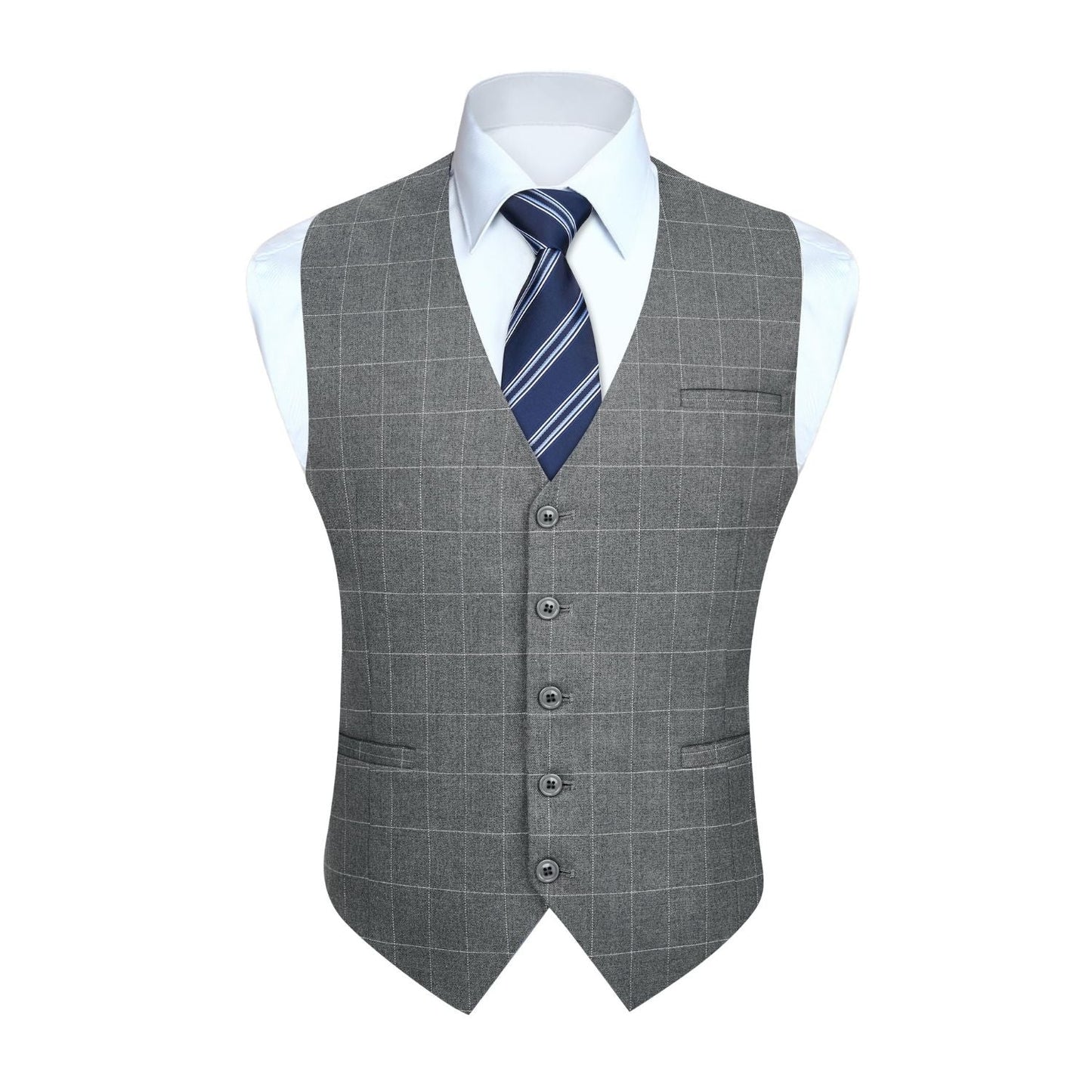 Hisdern Men's Grey Plaid Wedding Vest For Skinny Guys