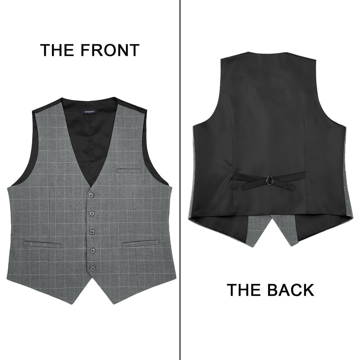 Hisdern Men's Grey Plaid Wedding Vest For Skinny Guys