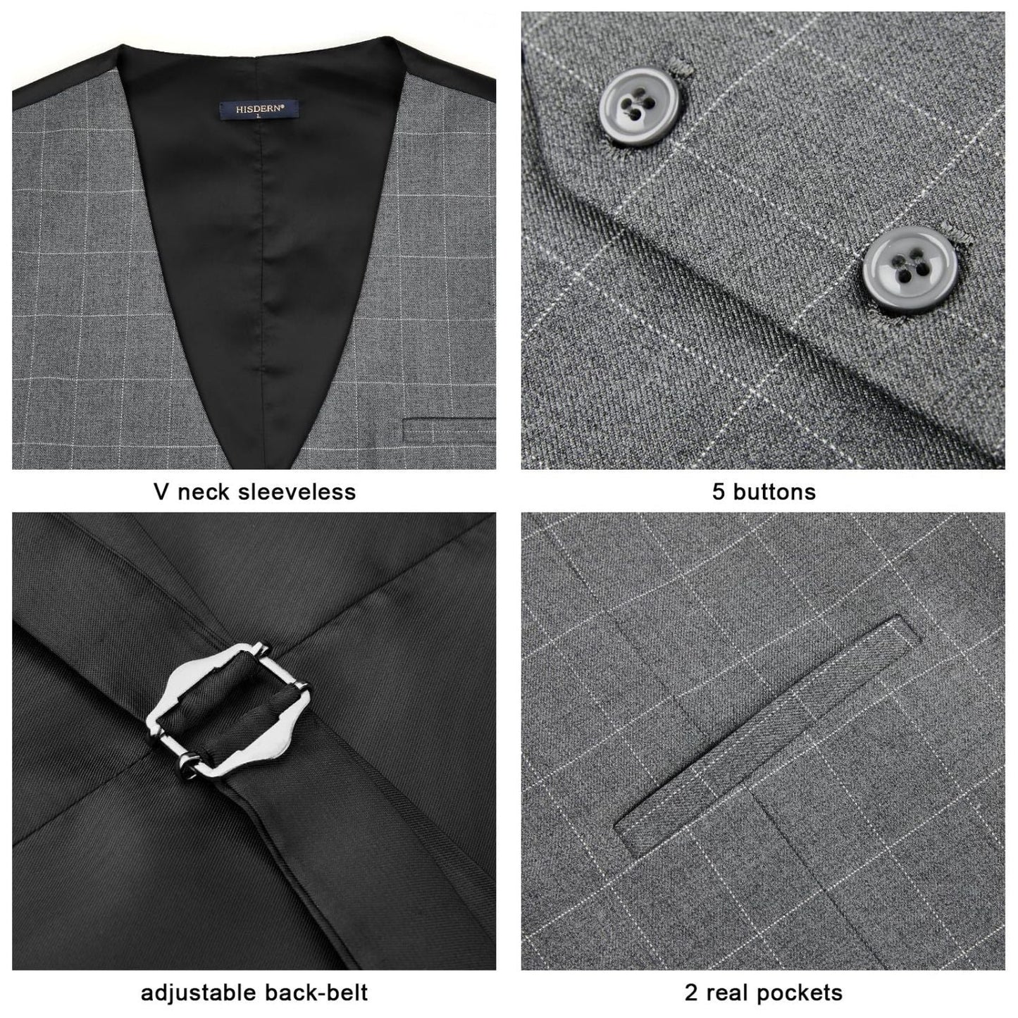 Hisdern Men's Grey Plaid Wedding Vest For Skinny Guys