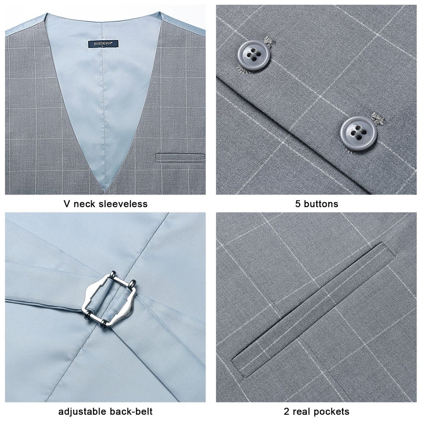 Hisdern Men's Grey Light Plaid Wedding Vest For Skinny Guys