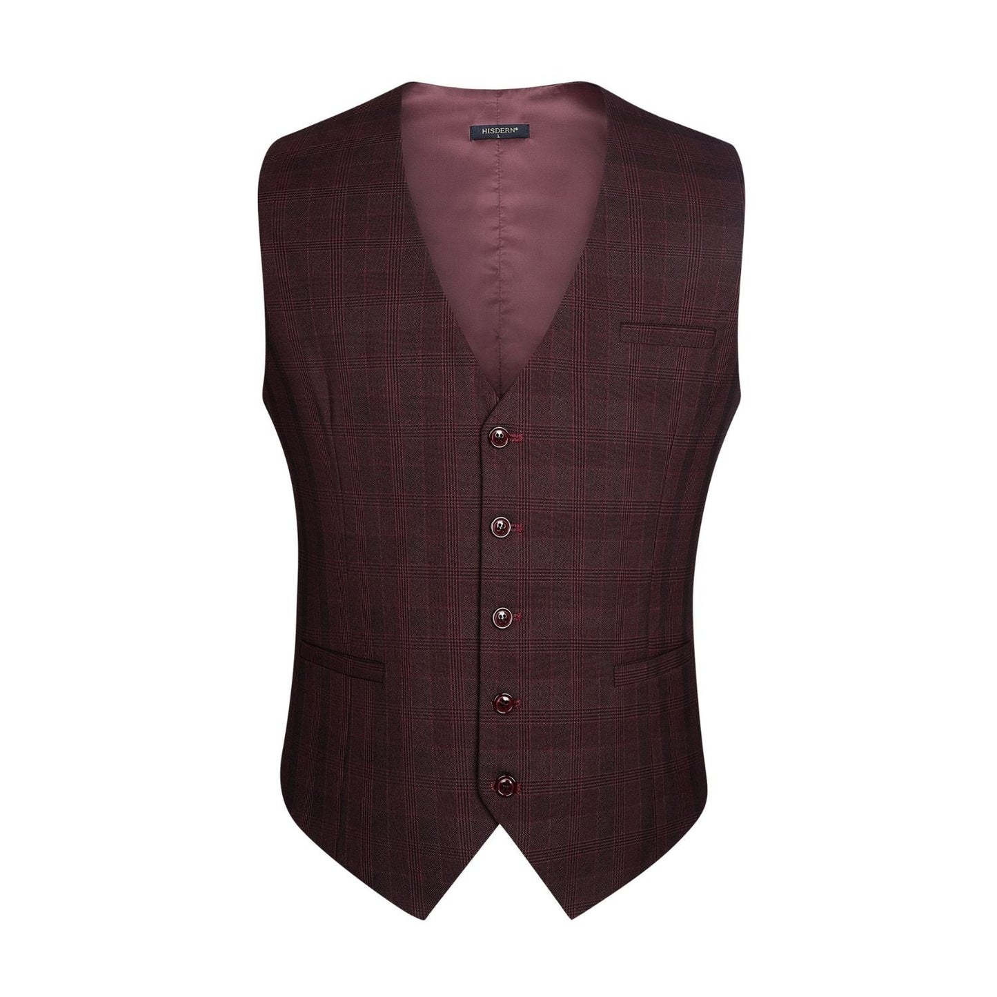 Hisdern Men's Red Marron Plaid Wedding Vest For Skinny Guys