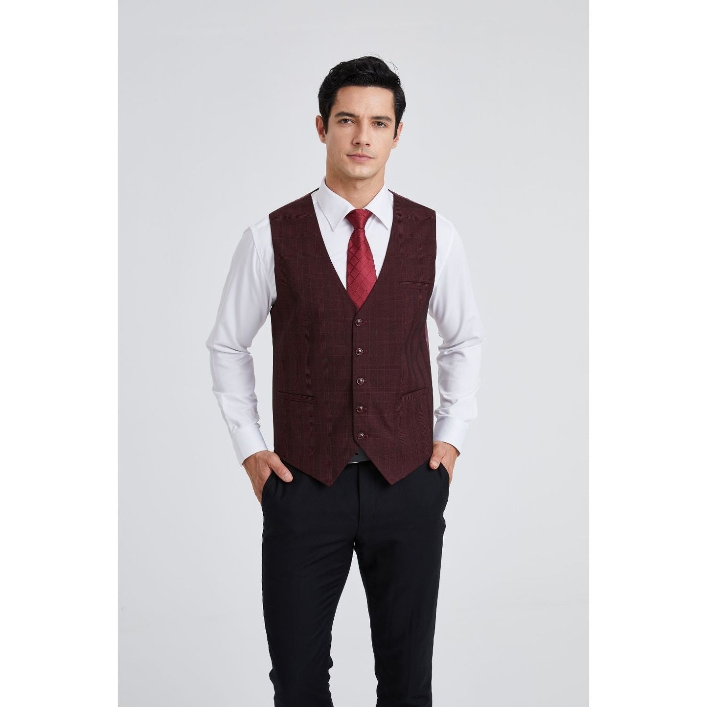 Hisdern Men's Red Marron Plaid Wedding Vest For Skinny Guys