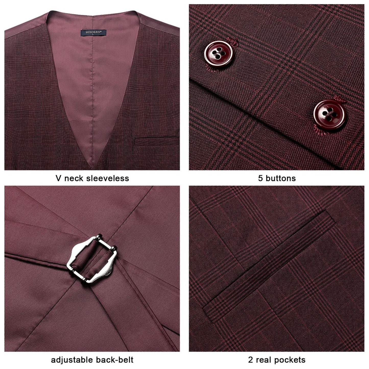 Hisdern Men's Red Marron Plaid Wedding Vest For Skinny Guys