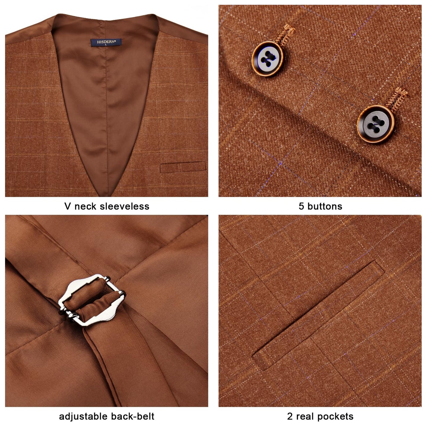 Hisdern Men's Orange Plaid Wedding Vest For Skinny Guys