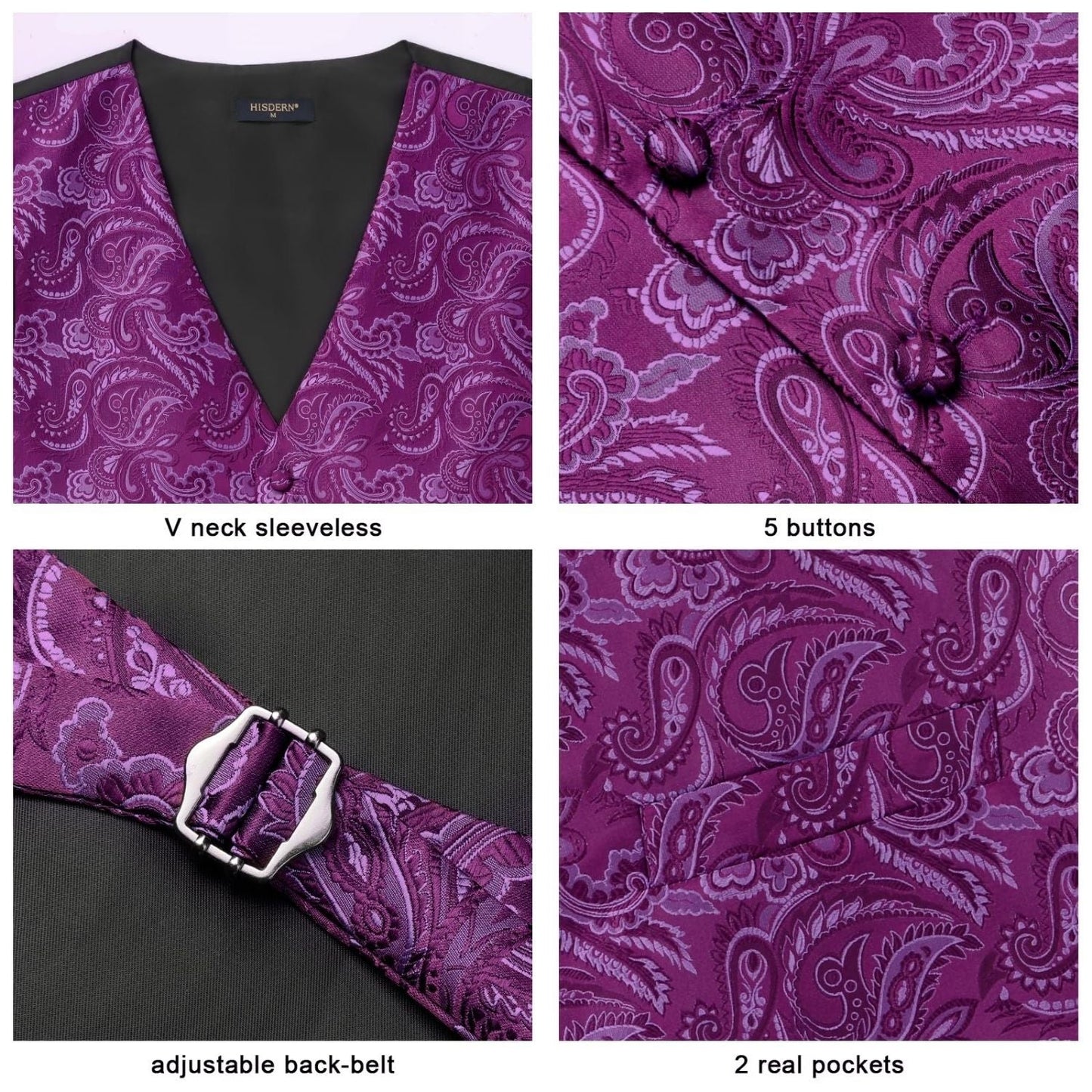 Hisdern Men's Purple Paisley Vest Tie Set For Weddings
