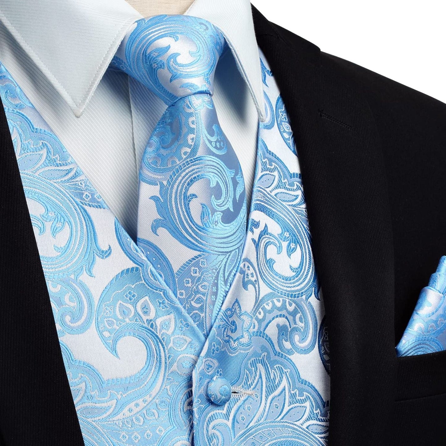 Hisdern Men's Light Blue Paisley Vest Tie Set For Weddings