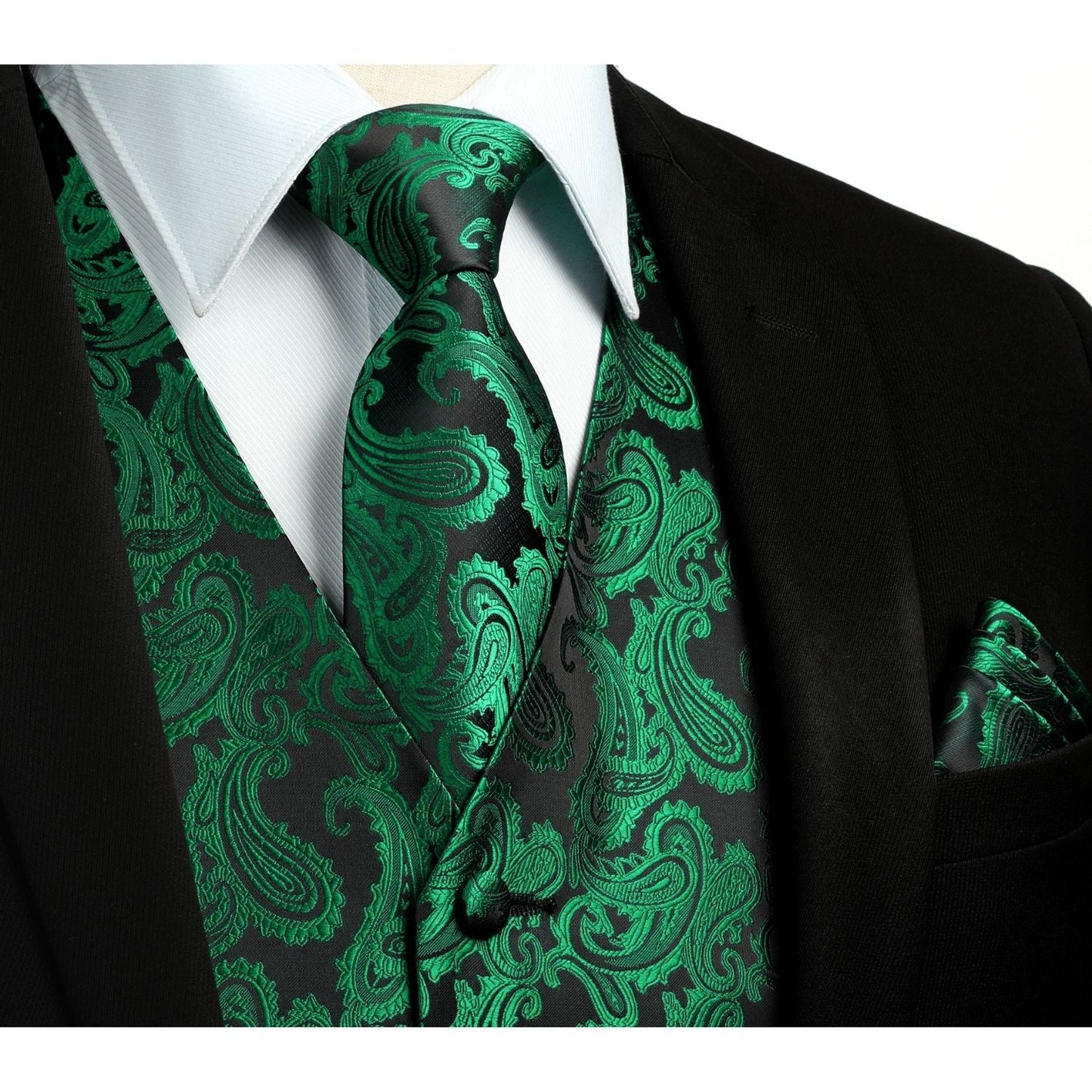 Hisdern Men's Green Paisley Vest Tie Set For Weddings Anniversary