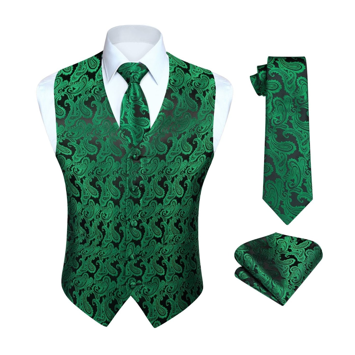 Hisdern Men's Green Paisley Vest Tie Set For Weddings Anniversary