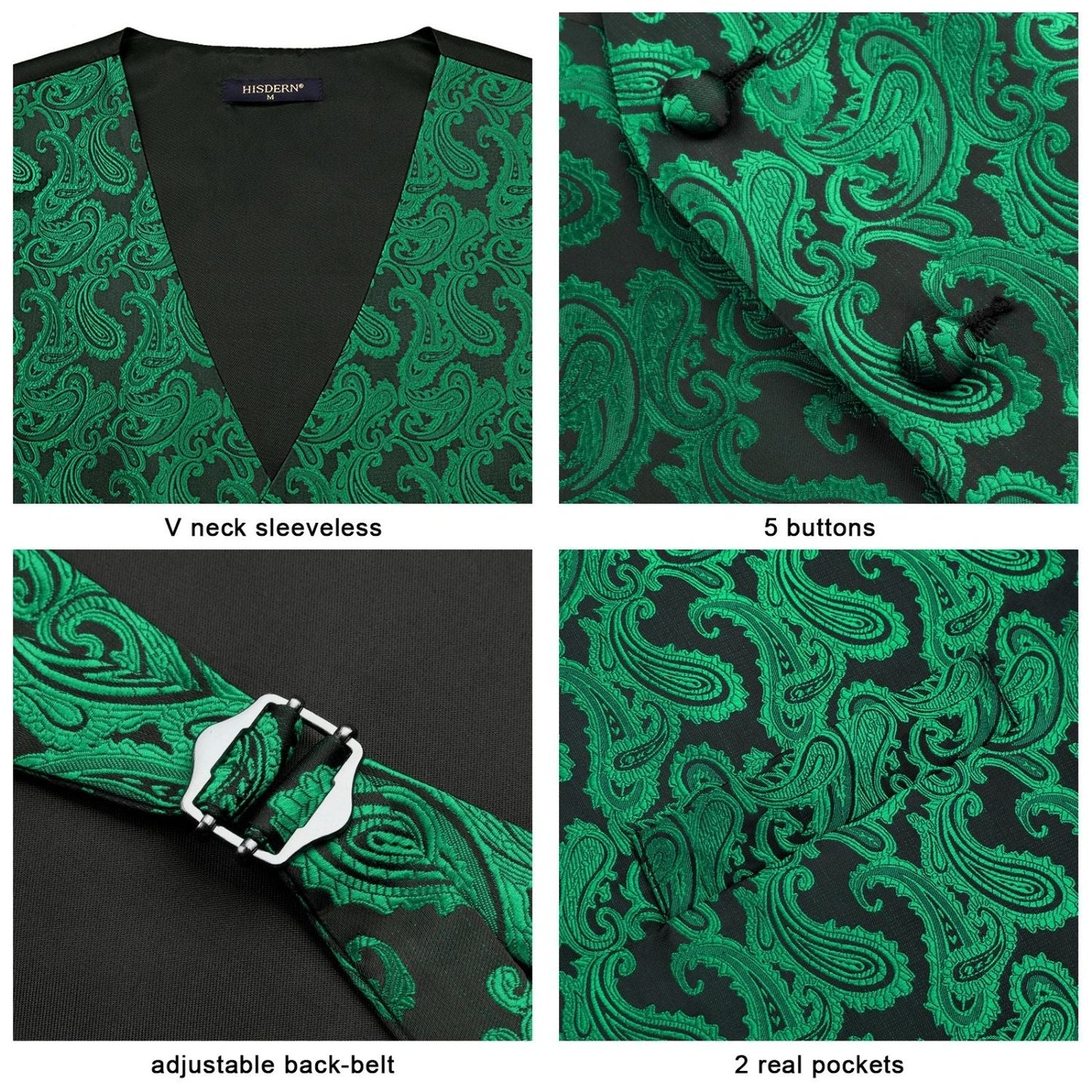 Hisdern Men's Green Paisley Vest Tie Set For Weddings Anniversary