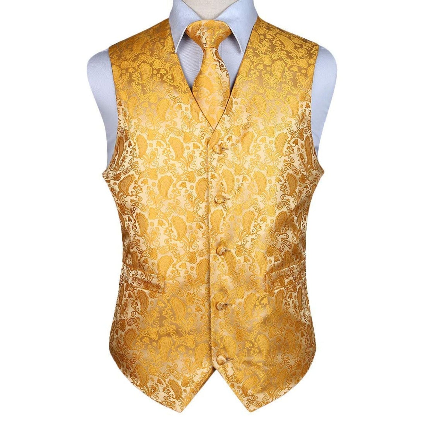 Hisdern Men's Deep Yellow Paisley Vest Tie Set For Weddings Anniversary