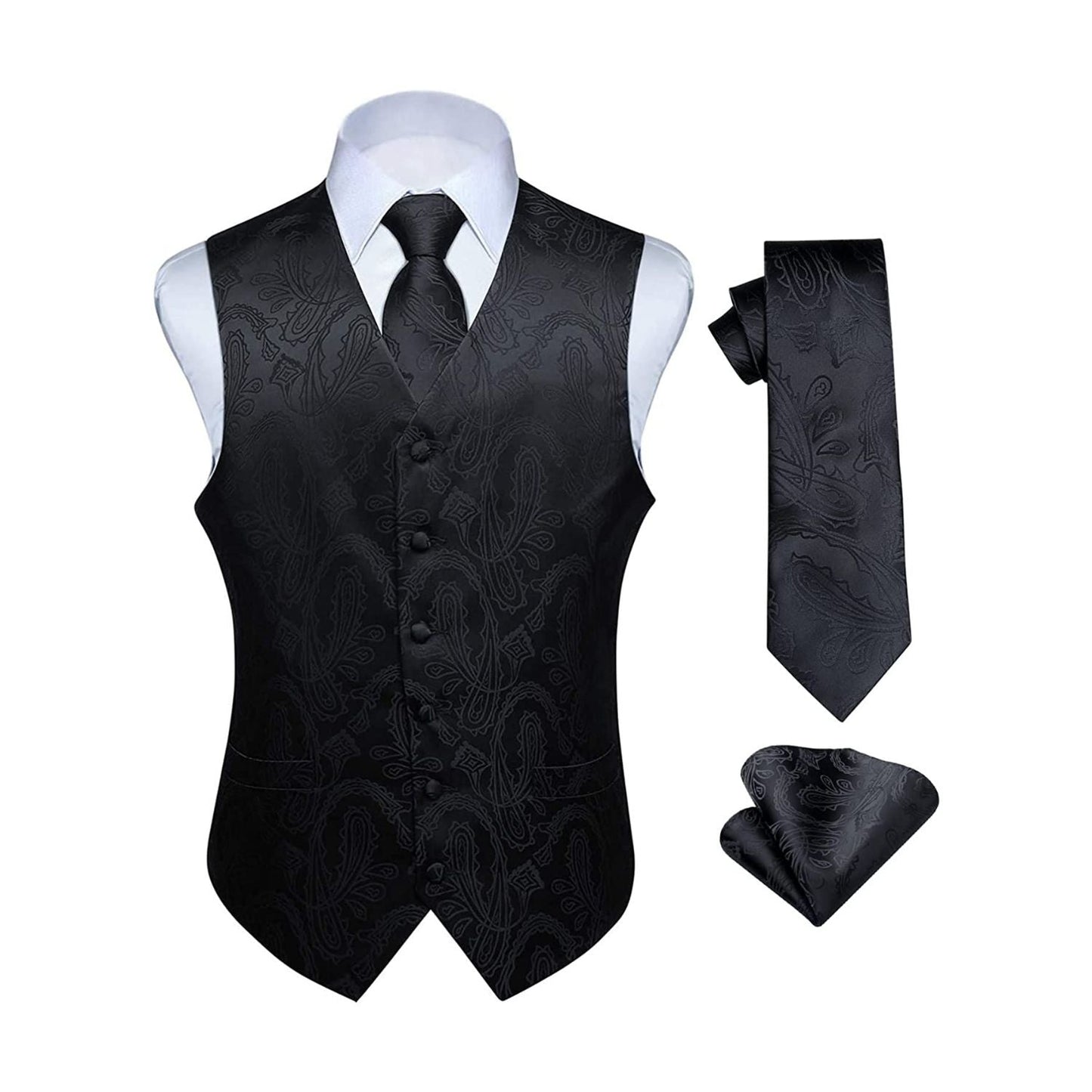 Hisdern Men's Black Paisley Vest Tie Set For Weddings