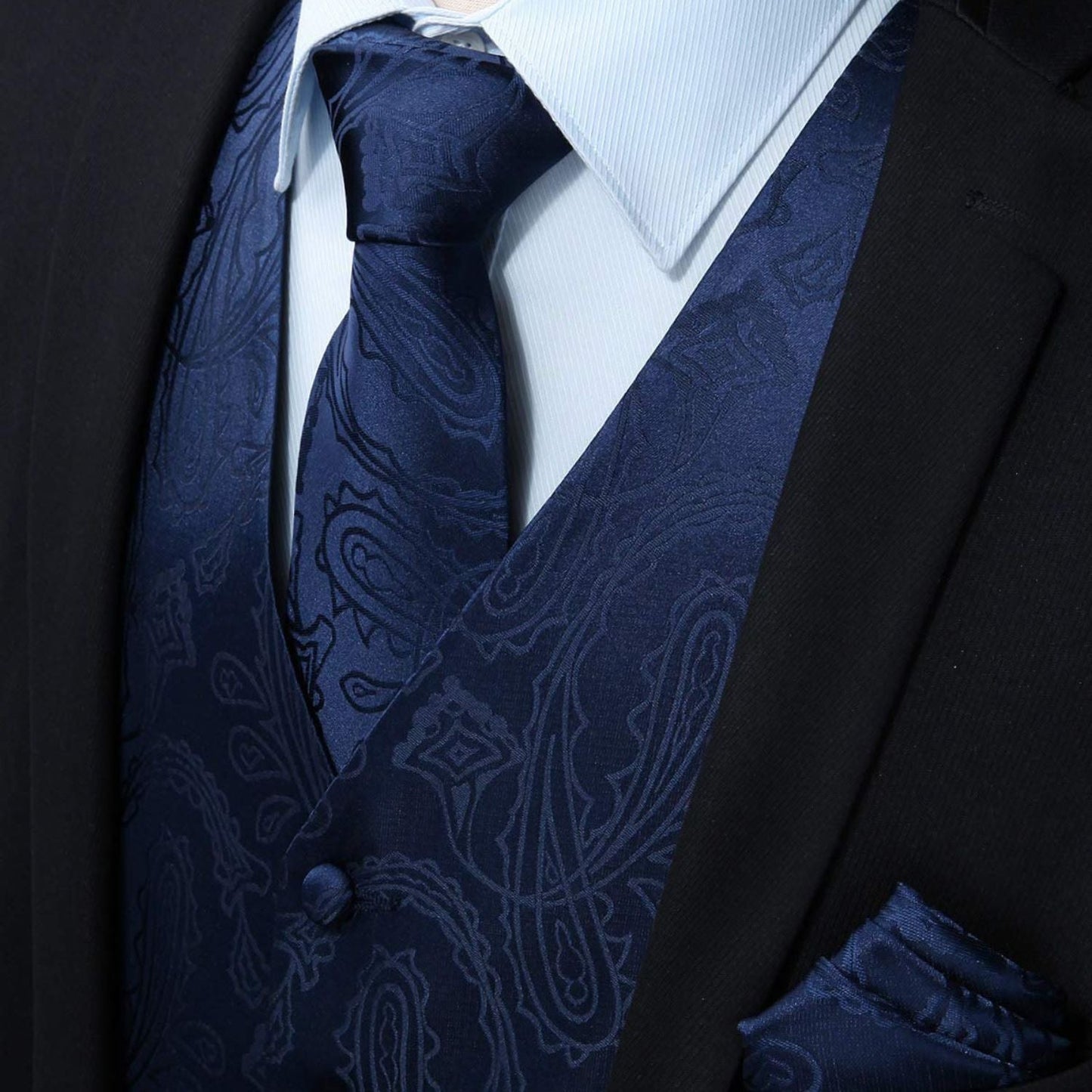 Hisdern Navy Blue Paisley Suit Vest Tie Handkerchief Set For Wedding