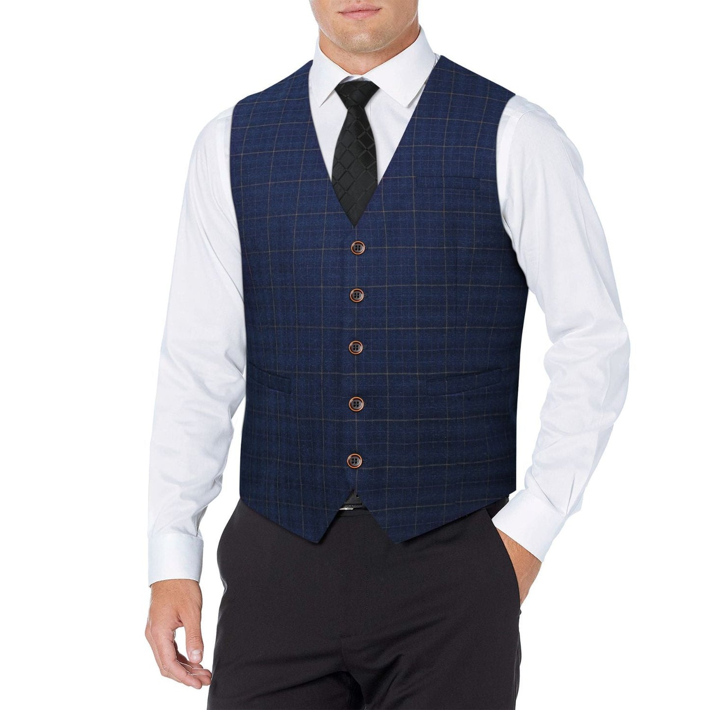 Hisdern Men's Blue Plaid Slim Suit Vest Formal Wear