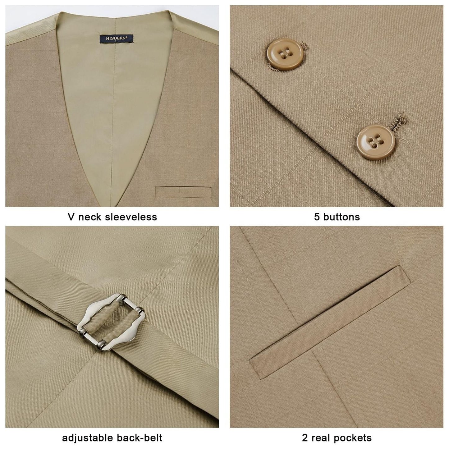 Hisdern Men's Khaki Satin Suit Vest Formal Wear