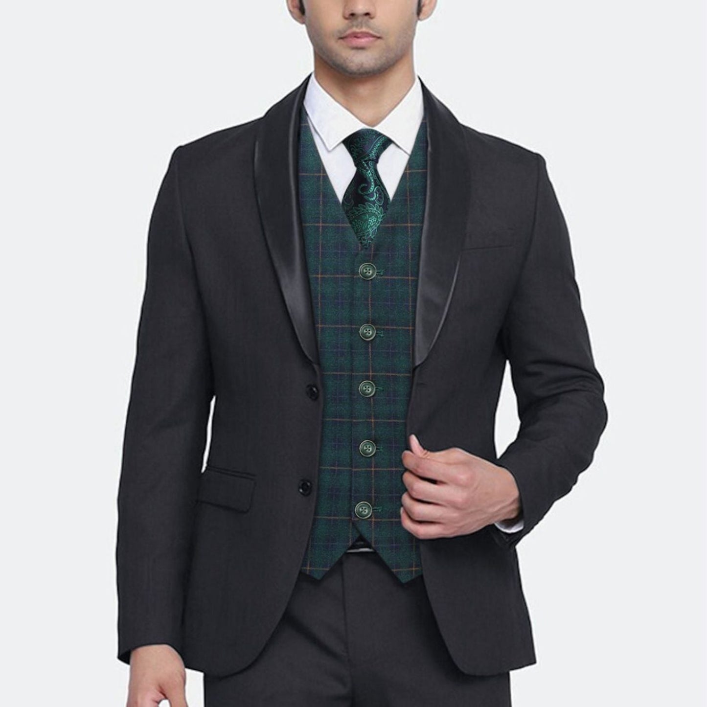 Hisdern Men's Green Plaid Wedding Vest For Skinny Guys