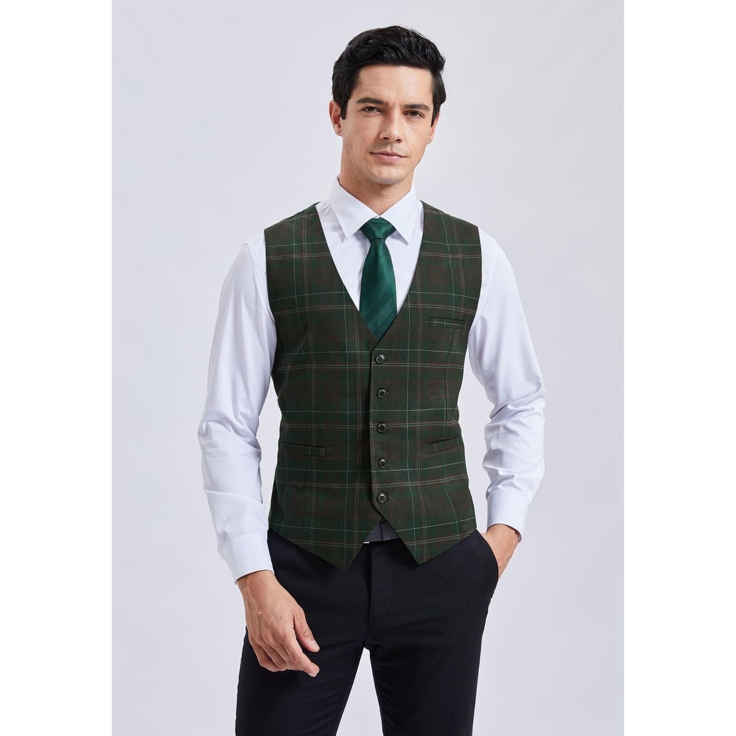 Hisdern Men's Green Plaid Wedding Vest For Skinny Guys