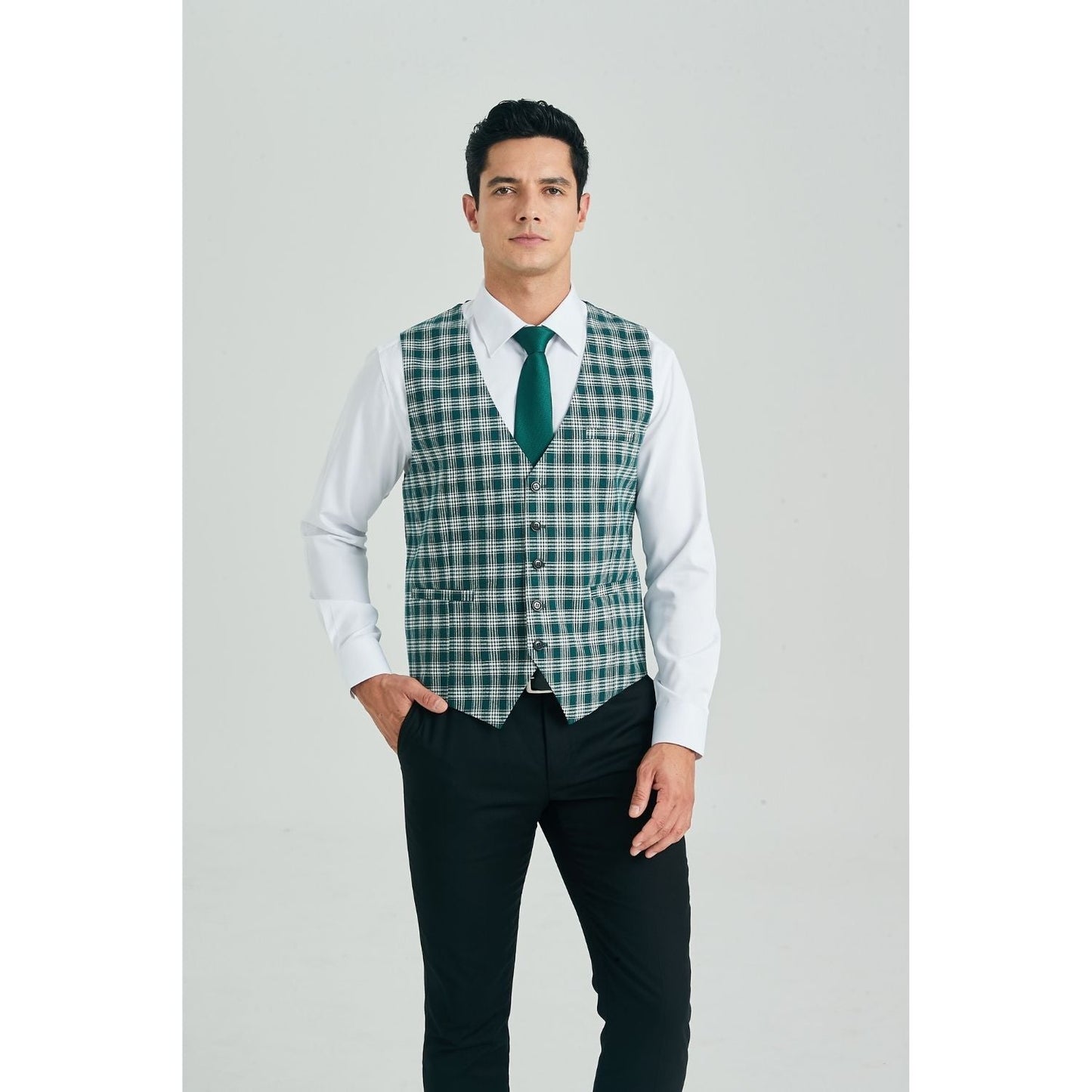 Hisdern Men's Green Plaid Wedding Vest For Skinny Guys