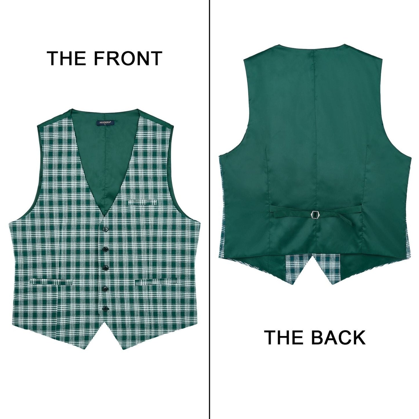 Hisdern Men's Green Plaid Wedding Vest For Skinny Guys