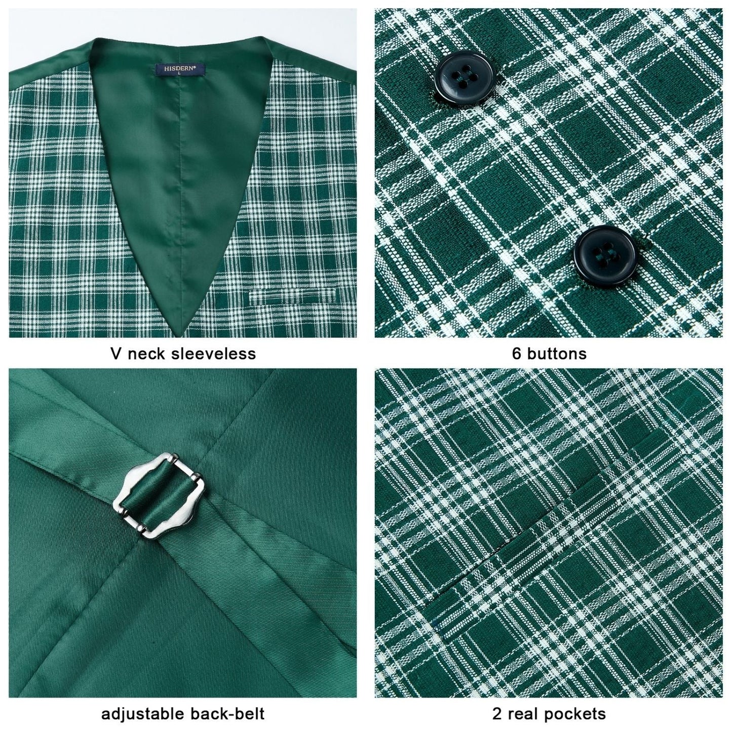 Hisdern Men's Green Plaid Wedding Vest For Skinny Guys