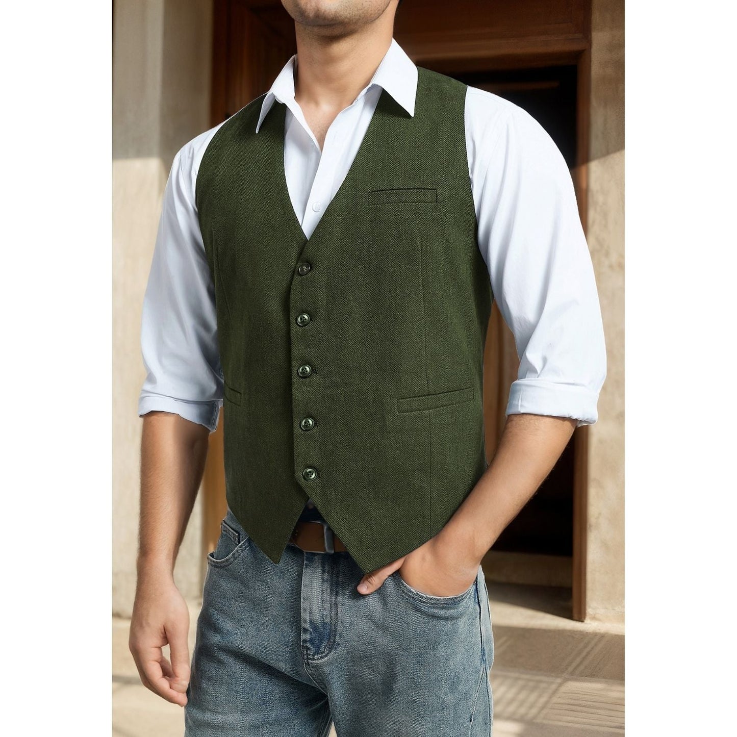 Hisdern Men's Herringbone Tweed Vest Army Green Casual Winter Layering