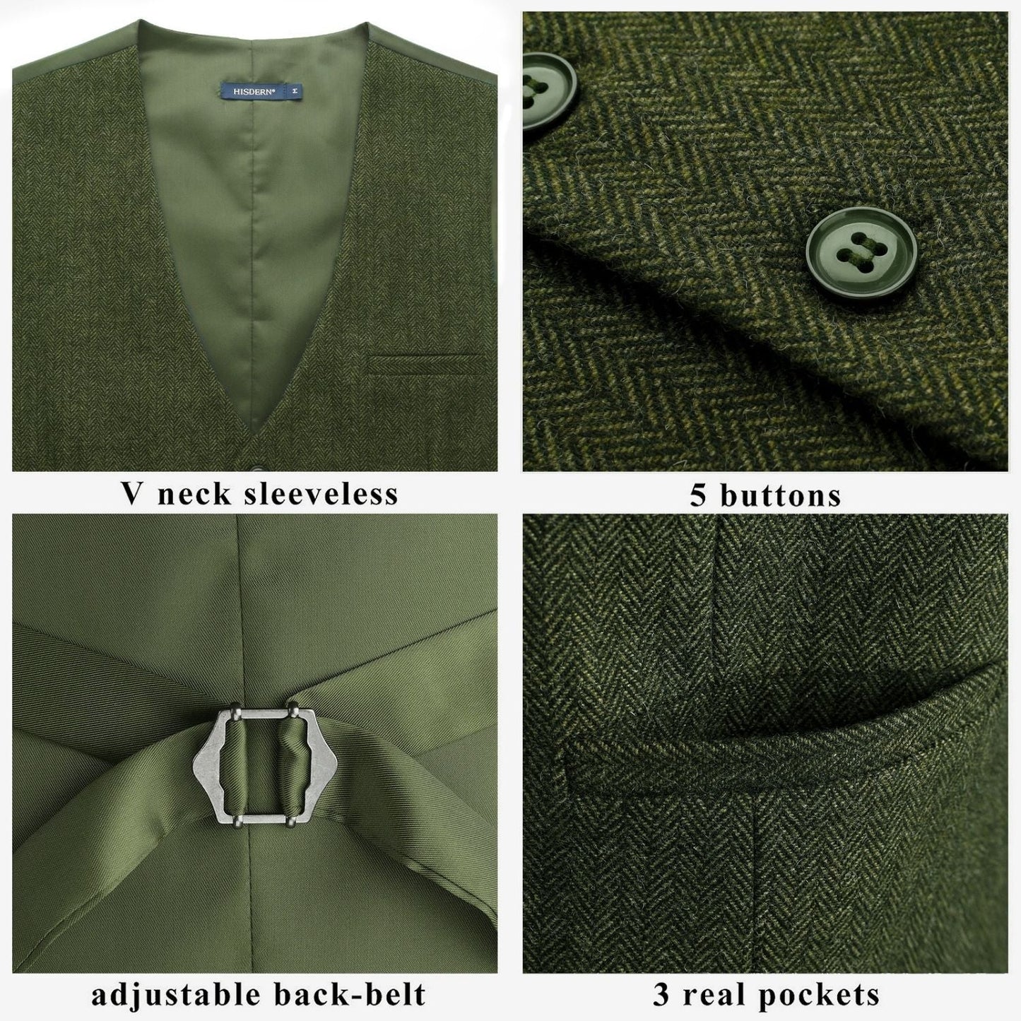 Hisdern Men's Herringbone Tweed Vest Army Green Casual Winter Layering