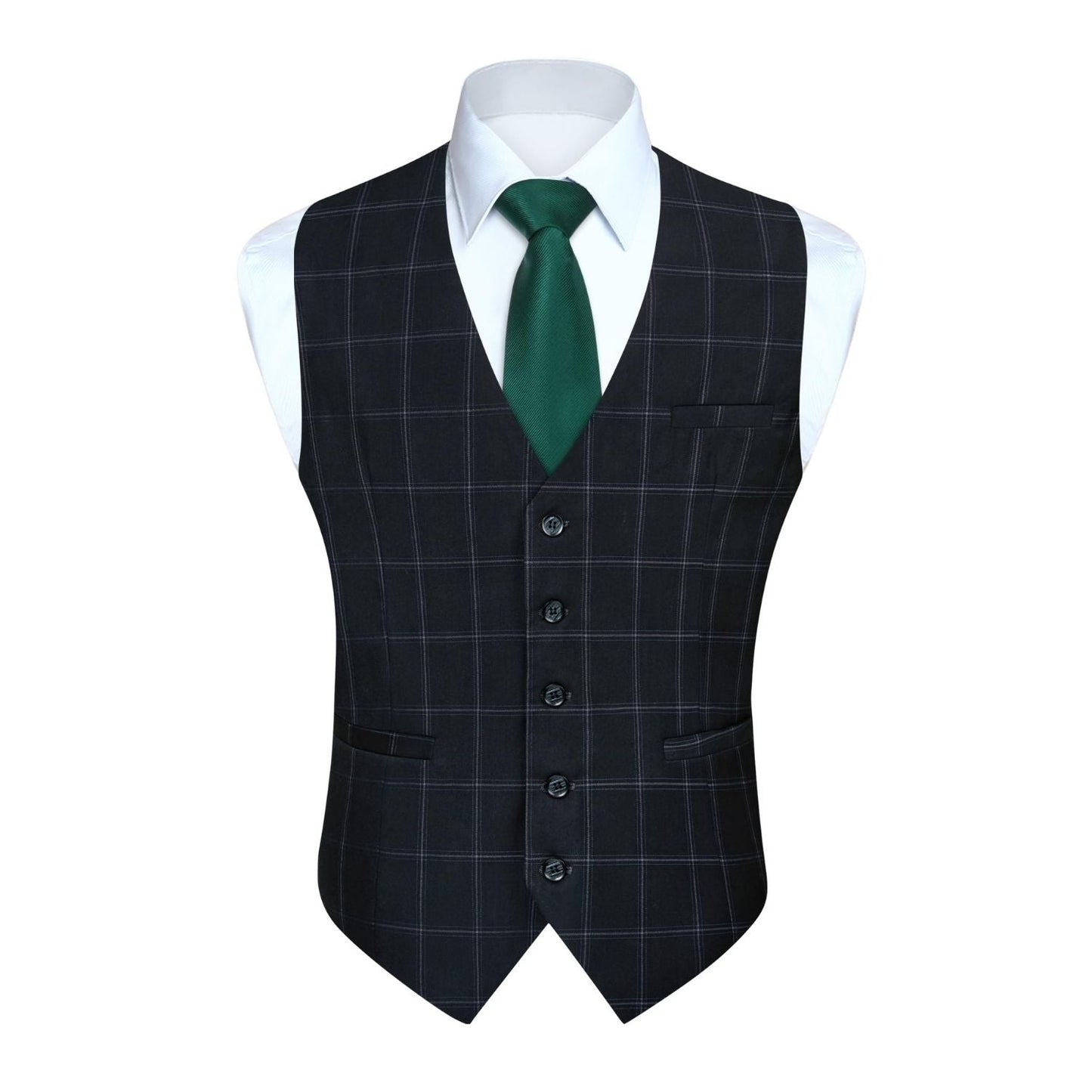 Hisdern Men's Black Plaid Wedding Vest For Skinny Guys