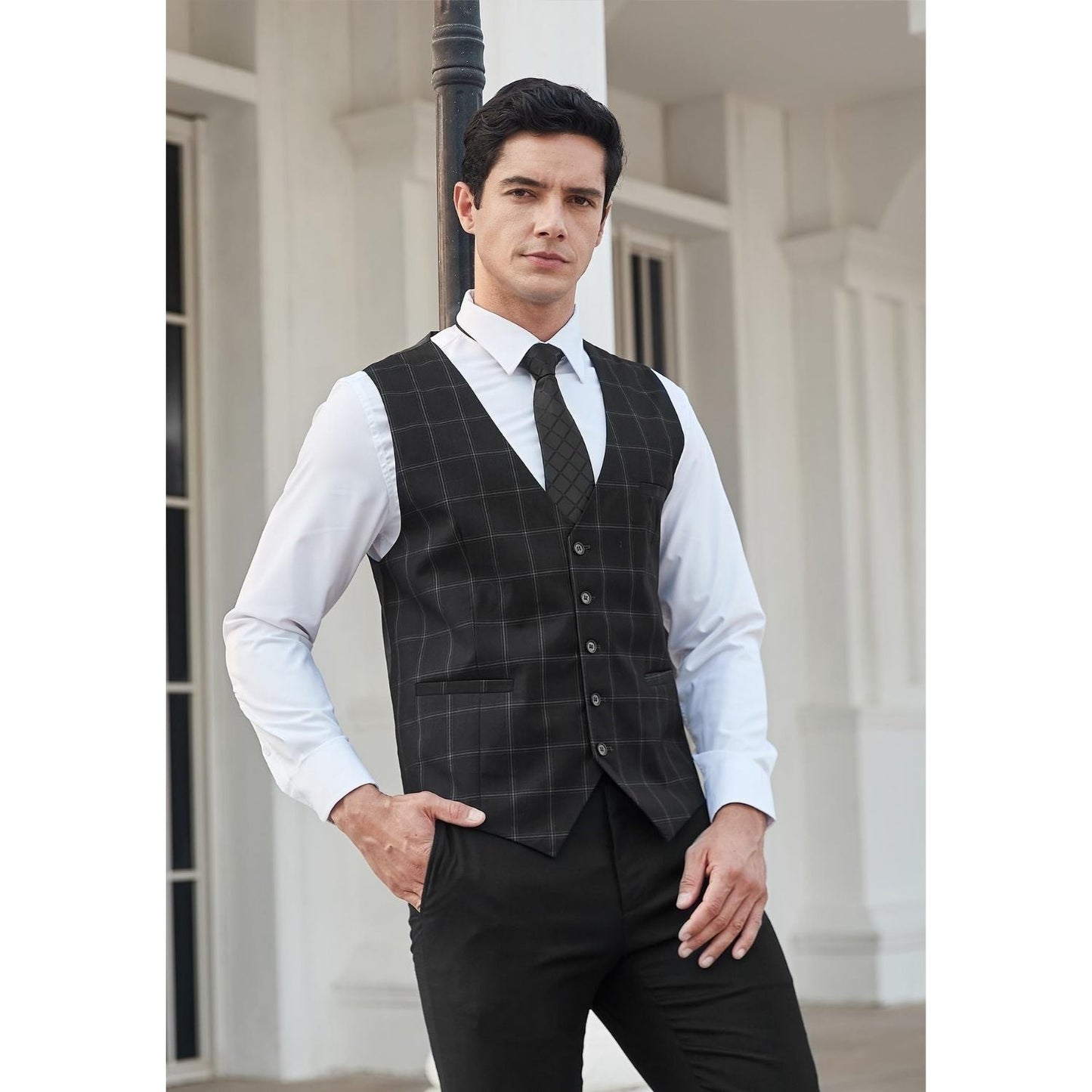 Hisdern Men's Black Plaid Wedding Vest For Skinny Guys