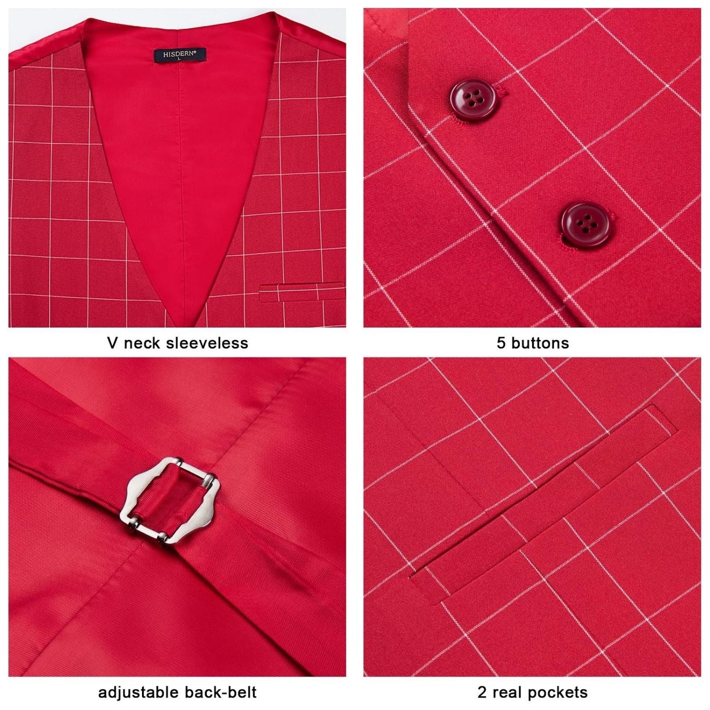 Hisdern Men's Red Plaid Wedding Vest For Skinny Guys